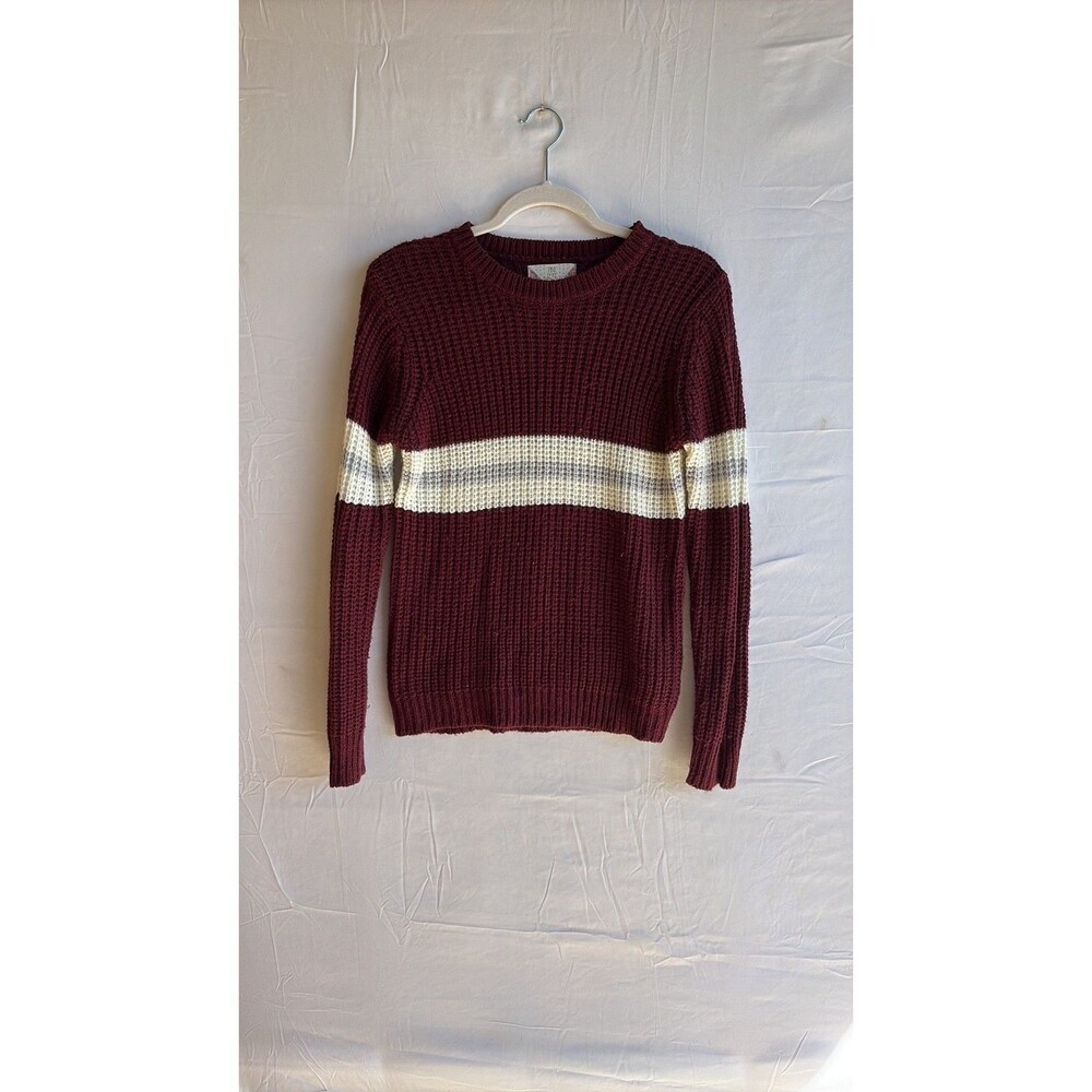 Pink Rose Burgundy Crewneck Waffle Knit Striped Sweater